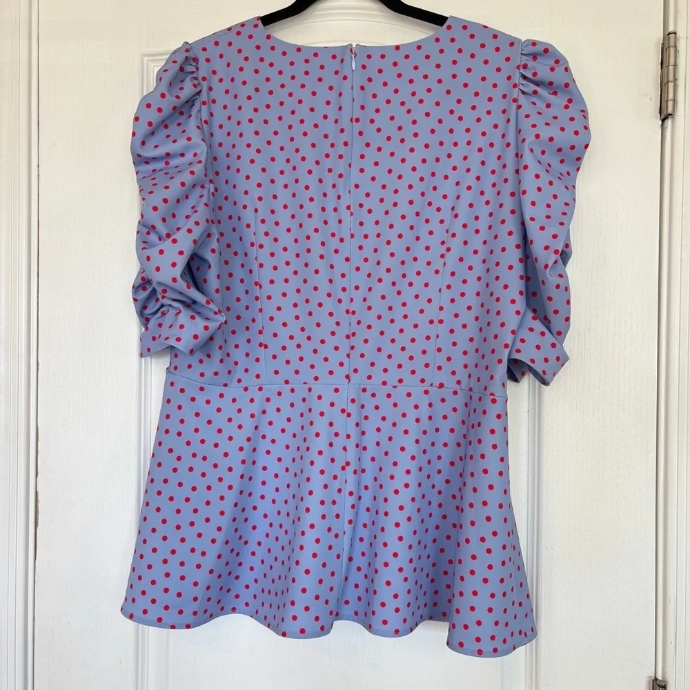Kate Spade Plus Size 16 Peplum Top Ruched Blue Red Polka Dots Puff Sleeves Zip